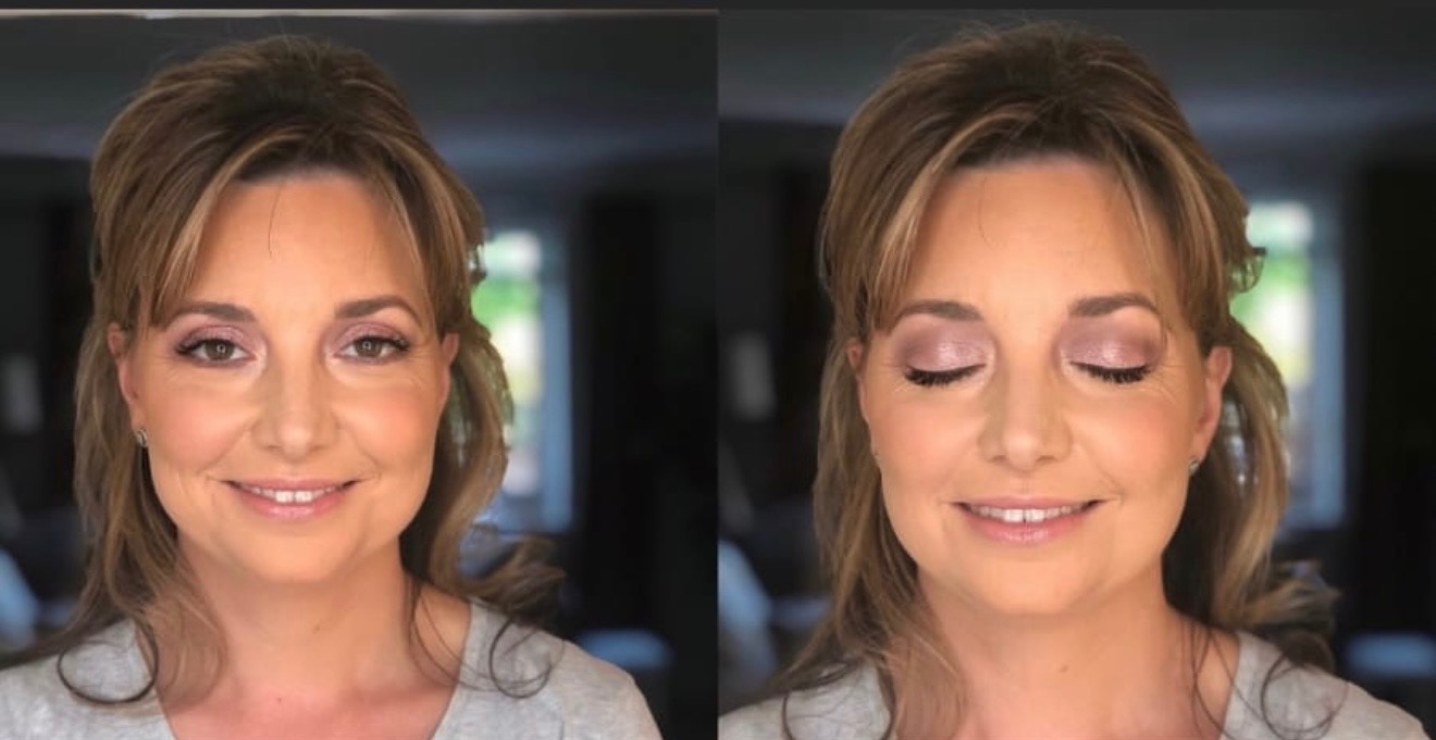 Two views of a client with softly blended pink eyeshadow